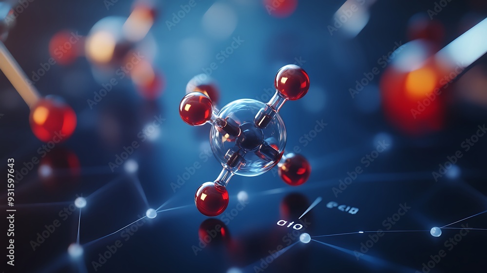 A 3D rendering of a molecule with red and white atoms connected by lines, floating against a blue background with a glowing digital network. A 3D rendering of a molecule with red and white atoms connected by lines, floating against a blue background with a glowing digital network.