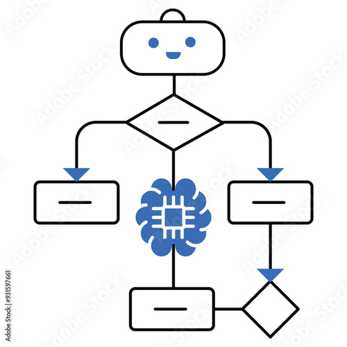 An icon representing robotic process automation with a flowchart and AI gear, showcasing applications in Industry 4.0, fintech innovation, supply chain management, and healthcare.