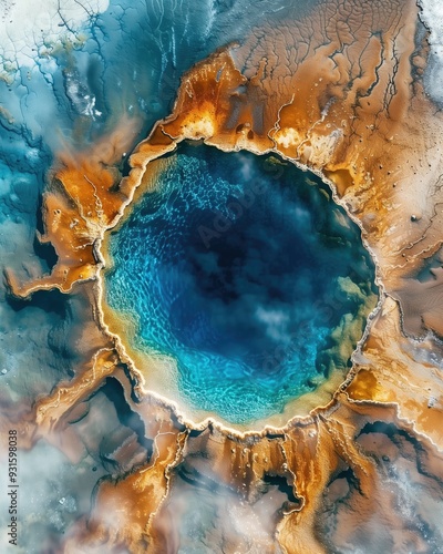 Stunning aerial view of geothermal hot spring with vibrant colors and mineral formations. Concepts of natural beauty, geothermal activity, and environmental wonders.