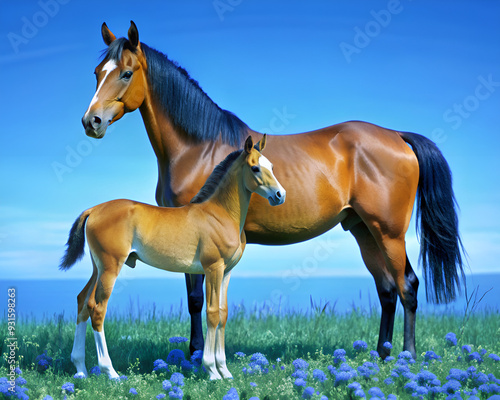 In a picturesque field filled with vibrant flowers, there are two horses standing peacefully next to one another, enjoying the scenery