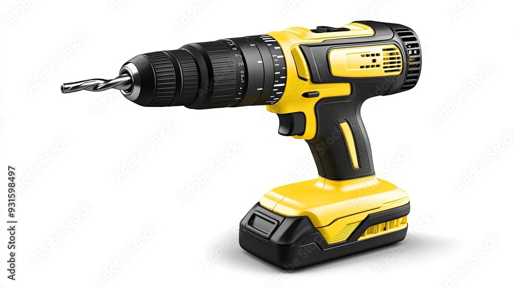 This power drill is designed with an yellow body and black accents, perfect for DIY projects or professional use in construction and repair This power drill is designed with an yellow body and black accents, perfect for DIY projects or professional use in construction and repair