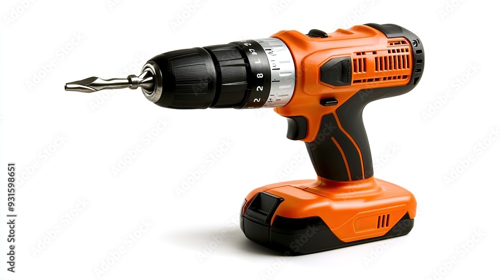 This power drill is designed with an orange body and black accents, perfect for DIY projects or professional use in construction and repair This power drill is designed with an orange body and black accents, perfect for DIY projects or professional use in construction and repair