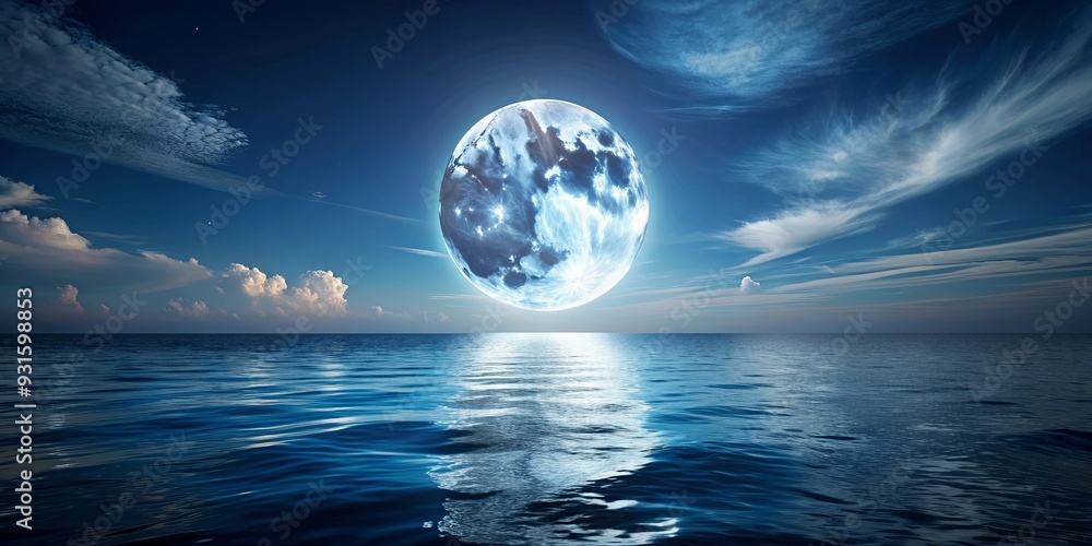 Majestic image of a full moon shining over a tranquil sea at night, moon, sea, ocean, night, stars, sky, reflection, calm Majestic image of a full moon shining over a tranquil sea at night, moon, sea, ocean, night, stars, sky, reflection, calm