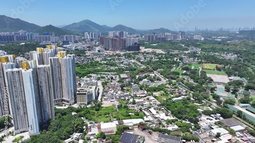 Countryside rural land reclamation to construct public housing in Fanling Sheung Shui Queens Hill Ping Che New Territories,Drone aerial Top Skyview of Hong Kong Northern Metropolis Development photo