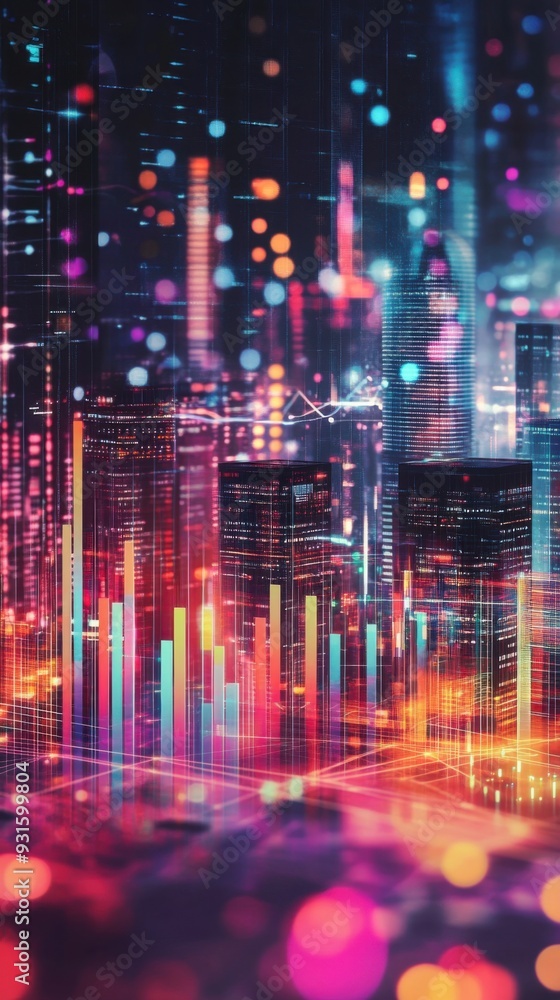Obraz premium Futuristic Cityscape with Superimposed Financial Data Charts