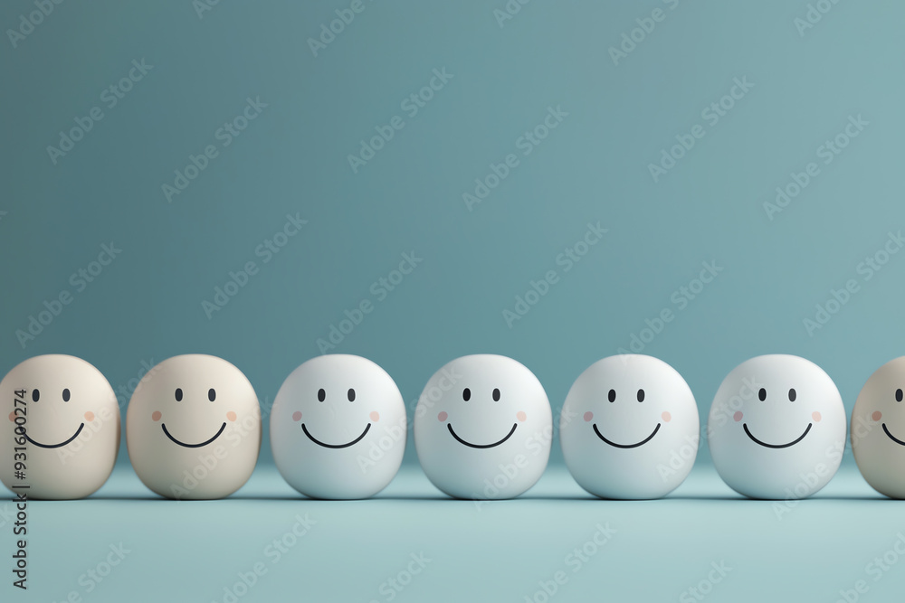 A cheerful lineup of eggs with smiley faces against a calming blue background, perfect for conveying happiness and positivity. A cheerful lineup of eggs with smiley faces against a calming blue background, perfect for conveying happiness and positivity.