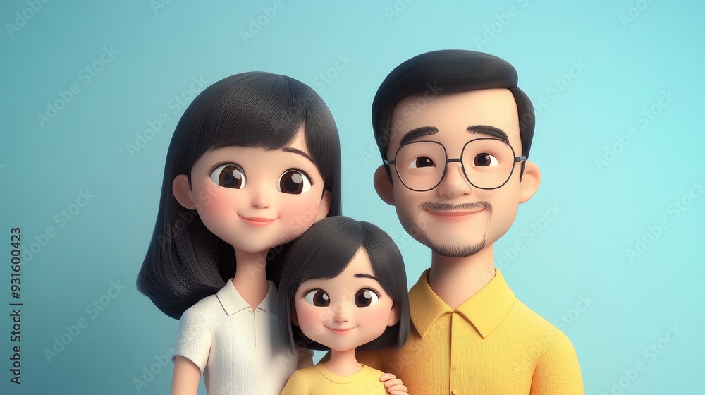 3D Cartoon Portrait of Asian Parent and Daughter Family of Three 3D Cartoon Portrait of Asian Parent and Daughter Family of Three