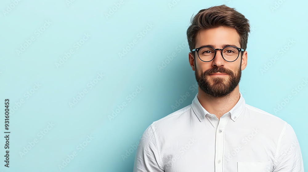 A confident man with glasses standing against a light blue background, showcasing a modern and stylish look. A confident man with glasses standing against a light blue background, showcasing a modern and stylish look.