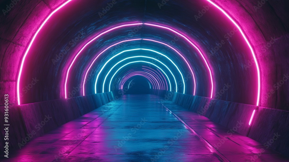 Concept of travel in time and space. Tunnel illuminated by neon lights Concept of travel in time and space. Tunnel illuminated by neon lights
