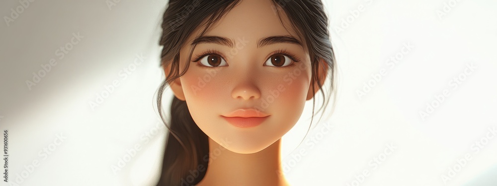 3D Cartoon Portrait of a Young Asian Woman in Bright Natural Light 3D Cartoon Portrait of a Young Asian Woman in Bright Natural Light