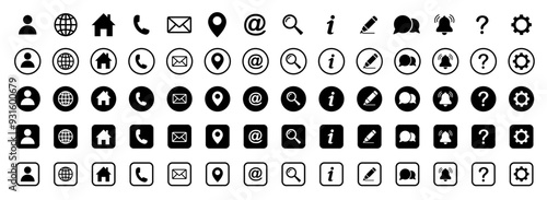Web icon set. Home, location, call, at, email, address, globe, chat, message, mail, telephone, information, support, search, website, icon. Contact and web icons set. Website set icon vector.