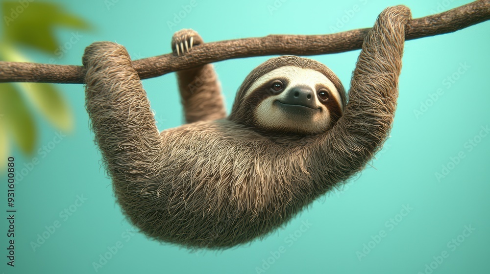 Fototapeta premium A happy sloth hanging from branch, exuding relaxed and cheerful vibe. Its fur is detailed, and background is calming turquoise. 