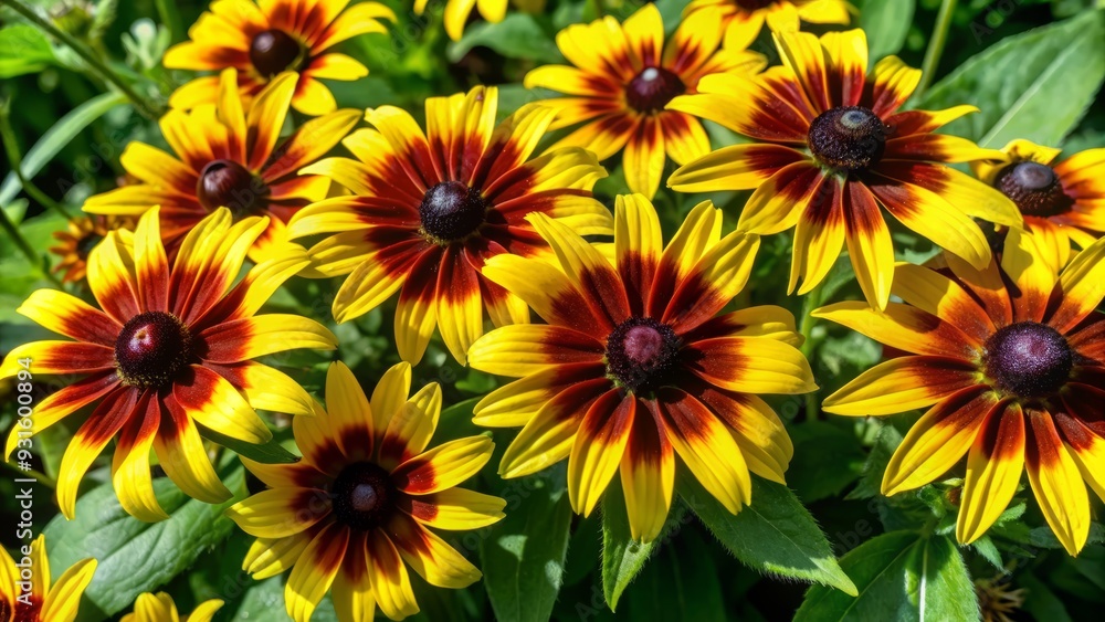 Fototapeta premium Vibrant yellow petals with dark centers of black-eyed Susans bloom amidst lush green foliage, isolated on a transparent background, perfect for landscape design accents.
