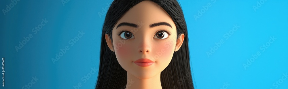 3D cartoon portrait of a young woman with an Asian descent against a blue backdrop 3D cartoon portrait of a young woman with an Asian descent against a blue backdrop
