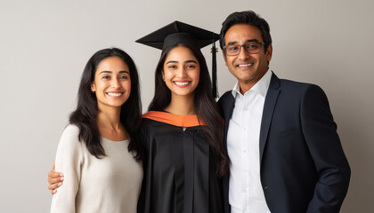 A young Indian woman in her graduation gown, posing with her arms around her parents who look happy and proud of their daughter's achievement