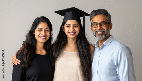 A young Indian woman in her graduation gown, posing with her arms around her parents who look happy and proud of their daughter's achievement photo