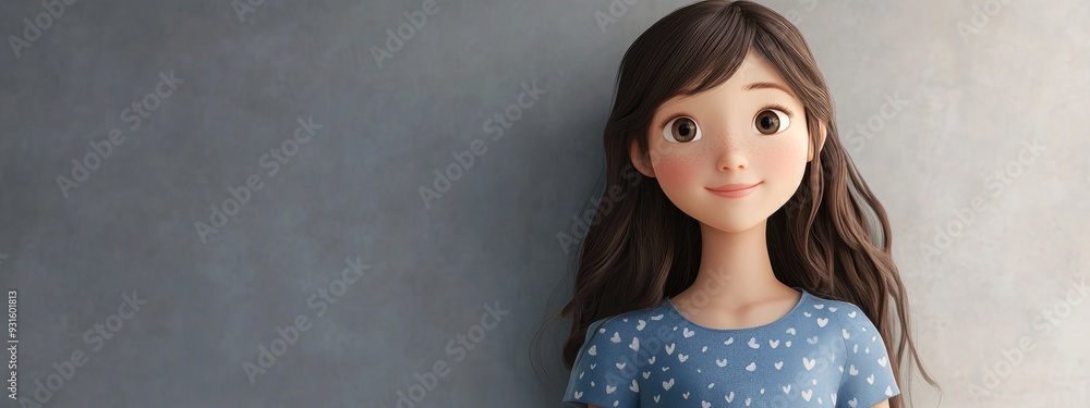 3D cartoon portrait of a young tall brunette girl in a stylish blue dress against a light grey wall background 3D cartoon portrait of a young tall brunette girl in a stylish blue dress against a light grey wall background