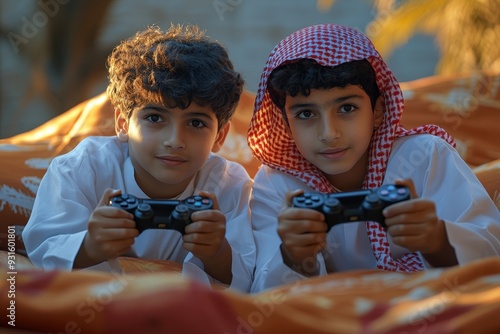Two Boys in Traditional Clothing Playing Video Games