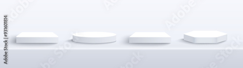 Set of white matte 3D background podiums. Studio showroom pedestal, showcase mockup stage. 3d vector podium for product presentation