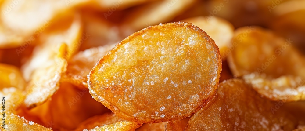 Close-up of crispy golden potato chips with a rich texture and warm lighting, ideal for food-related designs focusing on snacks, comfort food, and indulgence. Close-up of crispy golden potato chips with a rich texture and warm lighting, ideal for food-related designs focusing on snacks, comfort food, and indulgence.
