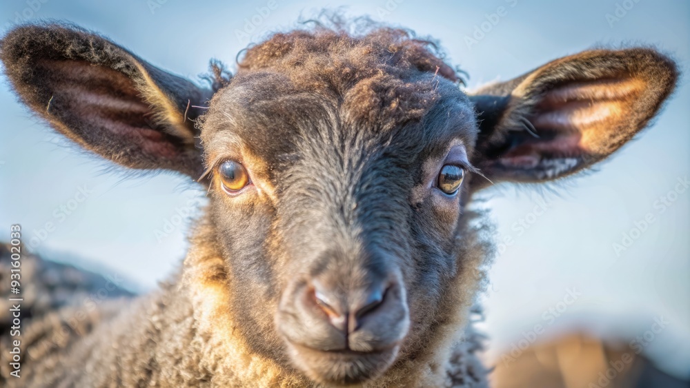 Adorable curly-haired black young lamb's head in close-up, ears laid back, gazing directly at camera with curious eyes, soft focus on furry coat. Adorable curly-haired black young lamb's head in close-up, ears laid back, gazing directly at camera with curious eyes, soft focus on furry coat.