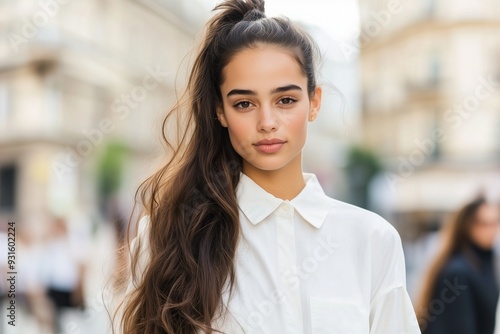 young woman wavy dark brown hair in a loose pony tail She is dressed in an oversized white button-down shirt