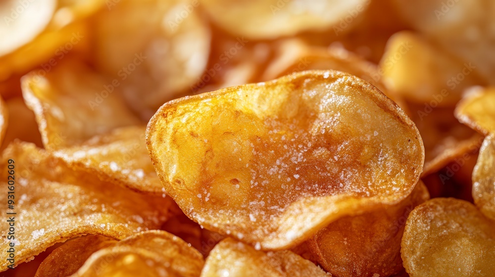 Close-up of crispy golden potato chips with a rich texture and warm lighting, ideal for food-related designs focusing on snacks, comfort food, and indulgence. Close-up of crispy golden potato chips with a rich texture and warm lighting, ideal for food-related designs focusing on snacks, comfort food, and indulgence.