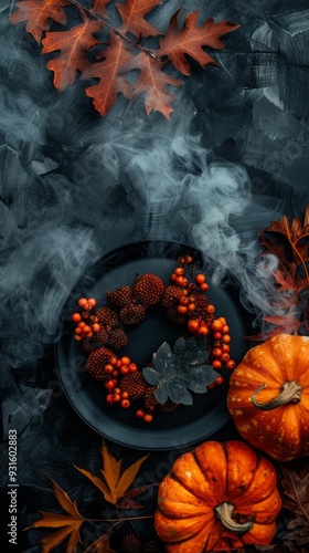 photo of wreath of autumn leaves and rowan berries, pumpkin and plate on black background with smoke, top view with space for text --ar 9:16 --v 6 Job ID: 3ad65361-bcb8-4875-b397-5eb5182dda1a photo