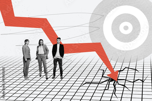 Creative poster collage young colleagues businesspeople economy downfall recession crack break failure checkered background