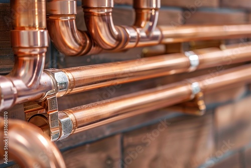 Wallpaper Mural A close-up of copper pipes installed on a wooden wall, showcasing plumbing infrastructure. Torontodigital.ca