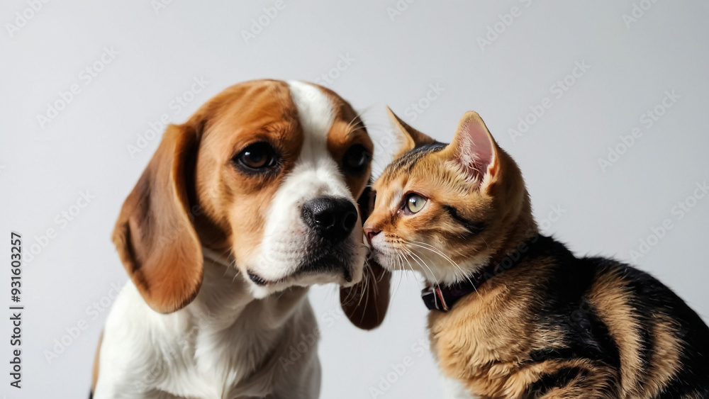 Puppy king charles spaniel lying on bed next to kitten of scottish breed Puppy king charles spaniel lying on bed next to kitten of scottish breed
