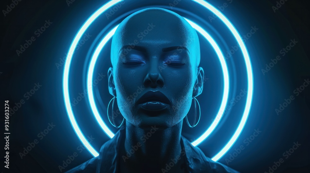 Obraz premium Portrait of a serene bald woman surrounded by glowing blue rings of light on a dark background
