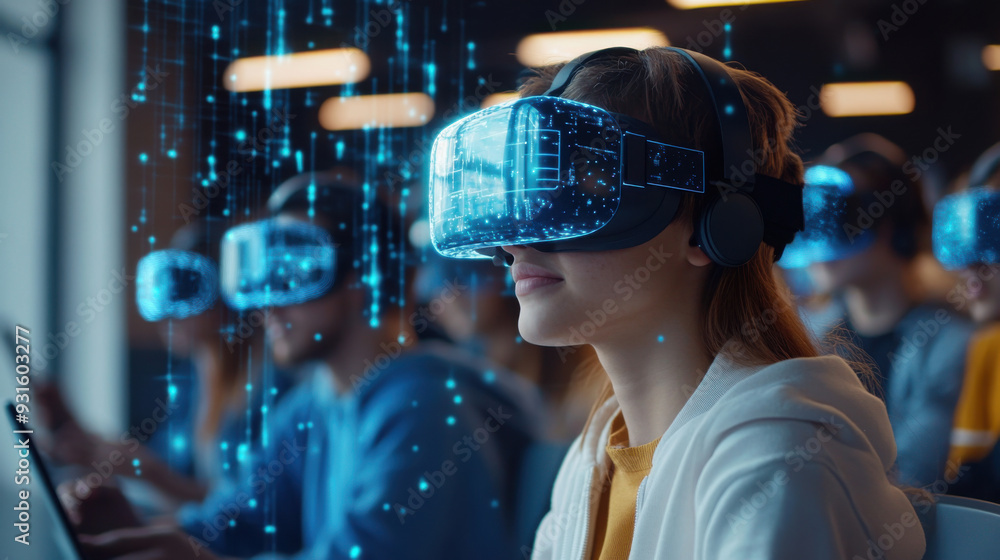 College students wear VR headsets in the AI and intelligent technology innovation classroom College students wear VR headsets in the AI and intelligent technology innovation classroom