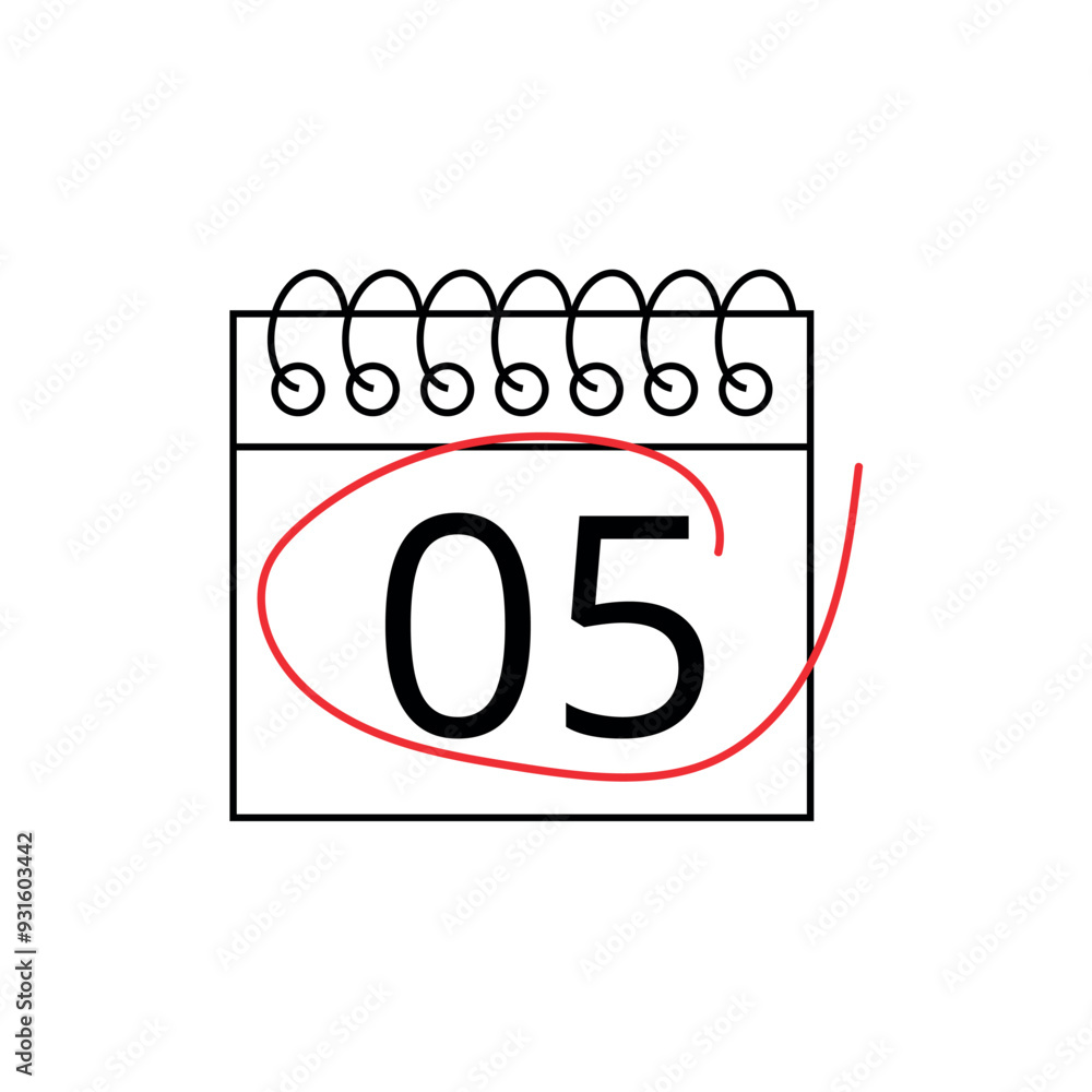 Vector flat icon of calendar with specific day marked on day 05 isolated on transparent background. Vector flat icon of calendar with specific day marked on day 05 isolated on transparent background.