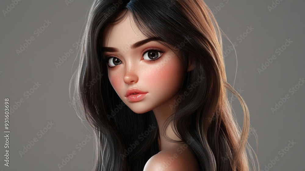 3D cartoon portrait of a lovely brunette girl with long hair gazing at the camera 3D cartoon portrait of a lovely brunette girl with long hair gazing at the camera