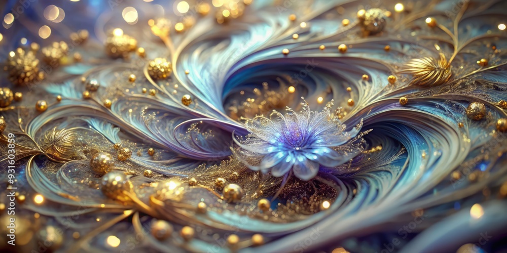 Vibrant periwinkle and gold hues swirl together in mesmerizing harmony, as soft light bursts forth from intricate, flowing pathways, evoking a sense of mystical, artistic expression. Vibrant periwinkle and gold hues swirl together in mesmerizing harmony, as soft light bursts forth from intricate, flowing pathways, evoking a sense of mystical, artistic expression.