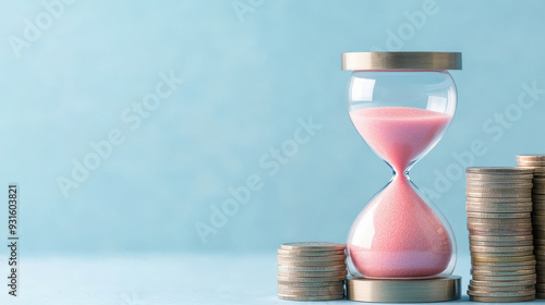 An hourglass with pink sand next to stacks of coins on light blue background