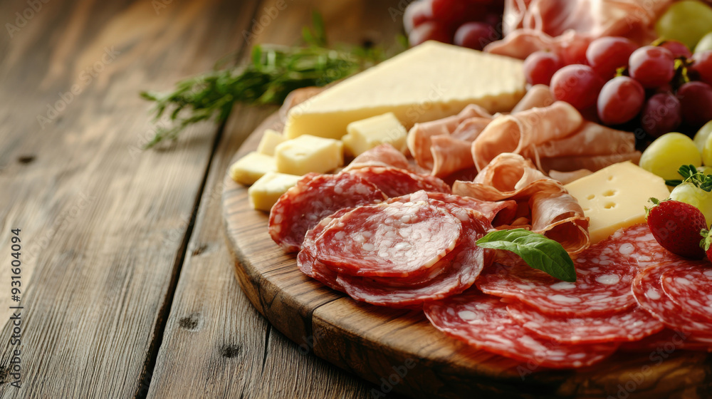 Obraz premium Sliced gourmet meat, cheese, vegetables and fruits on wooden board