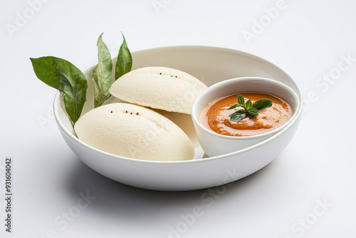 Indian idli with chutney in a white bowl against a white background photo