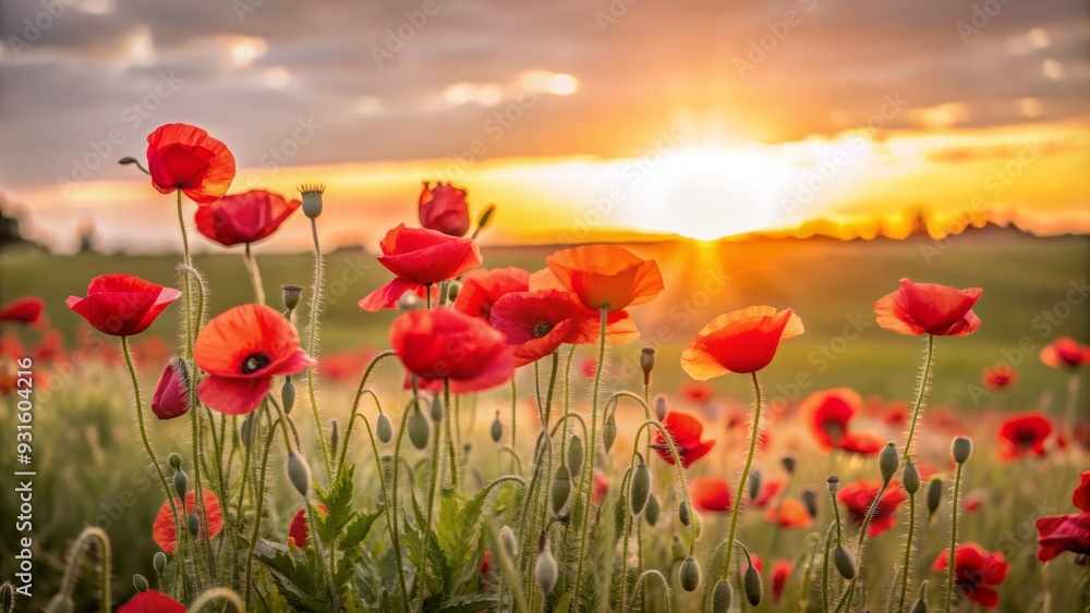 Vibrant red poppy flowers bloom in a serene sunset field, symbolizing remembrance and honor for fallen heroes on Veteran's Day, against a warm orange sky backdrop. Vibrant red poppy flowers bloom in a serene sunset field, symbolizing remembrance and honor for fallen heroes on Veteran's Day, against a warm orange sky backdrop.