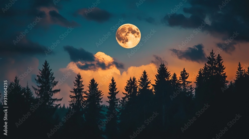 Dramatic night sky with full moon and trees silhouette Dramatic night sky with full moon and trees silhouette