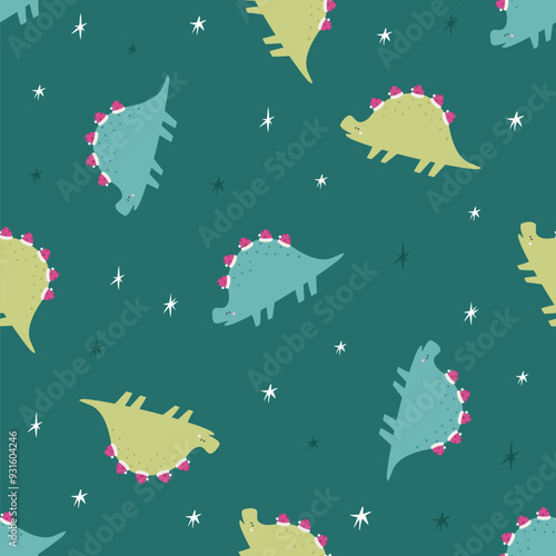 Seamless Hand-Drawn Christmas Dinosaur Pattern. Festive Dino Design