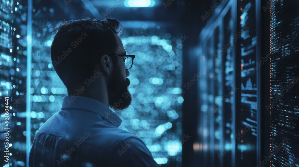 Programmer at a privacy data leak analysis screen in a big data server room Programmer at a privacy data leak analysis screen in a big data server room