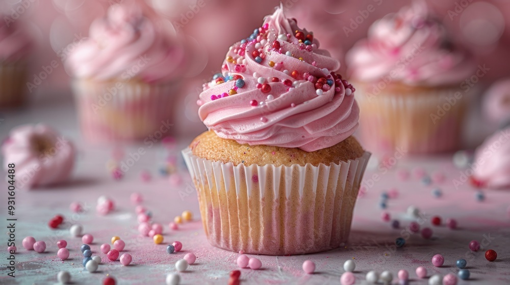 Delicious Pink Frosted Cupcake with Sprinkles on a Pastel Background - Perfect for Celebrations and Dessert Themes Delicious Pink Frosted Cupcake with Sprinkles on a Pastel Background - Perfect for Celebrations and Dessert Themes