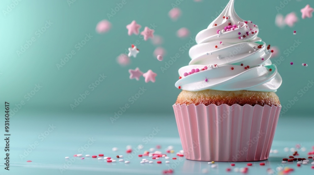 Delicious Vanilla Cupcake with Whipped Cream Frosting and Sprinkles on a Pastel Background Delicious Vanilla Cupcake with Whipped Cream Frosting and Sprinkles on a Pastel Background