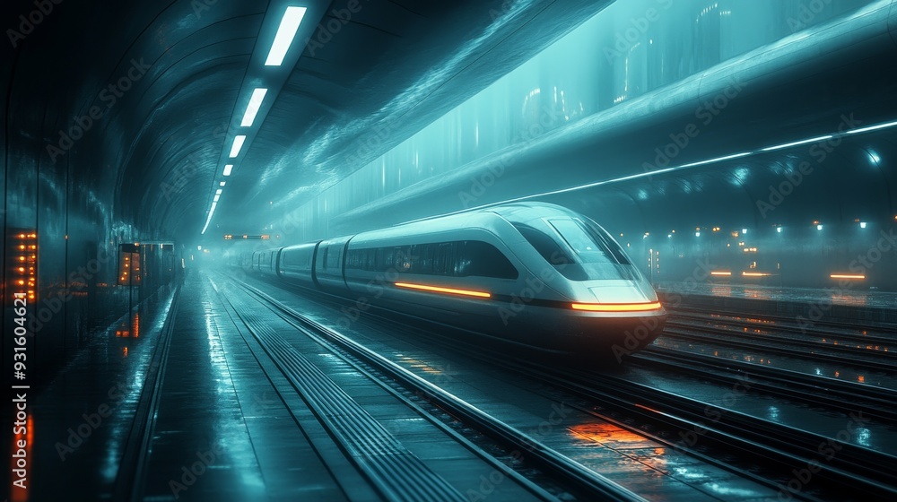 Futuristic Train Station: A sleek train station with high-speed magnetic levitation trains, illuminated by soft, ambient lighting. Futuristic Train Station: A sleek train station with high-speed magnetic levitation trains, illuminated by soft, ambient lighting.