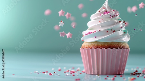 Delicious Vanilla Cupcake with Whipped Cream Frosting and Sprinkles on a Pastel Background
