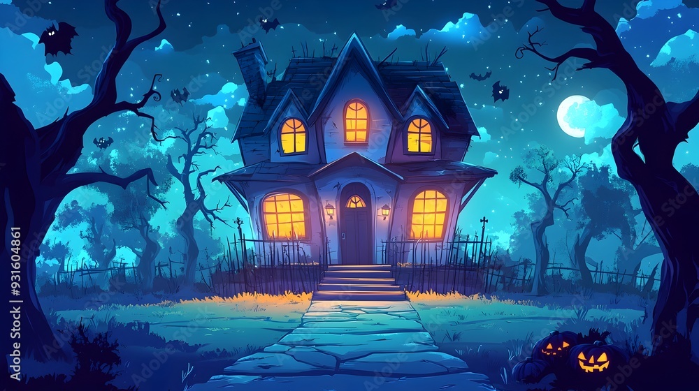 Naklejka premium Enchanting Haunted Mansion Under the Moonlit Night Sky