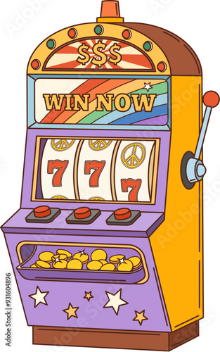 Retro cartoon casino slot machine. Isolated vector one armed bandit features a winning combination of three lucky sevens on screen. Vegas gambling game equipment, casino and vintage gaming attraction