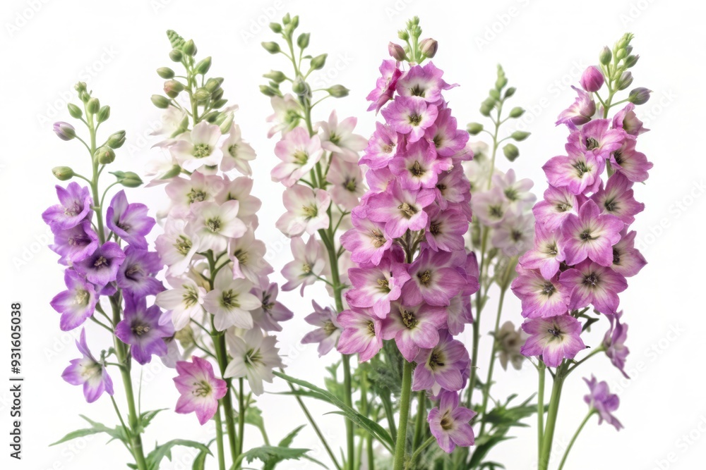 Fototapeta premium Delicate purple larkspur flowers with subtle variations in shade and texture, isolated on pure white background, showcasing their intricate detail and beauty.